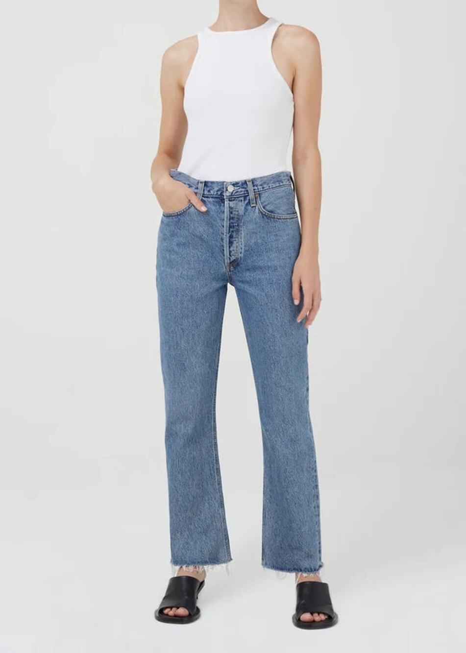 Agolde Mid Rise Frayed Hem Denim Relaxed Bootcut Jeans Static Blue Women Size 24